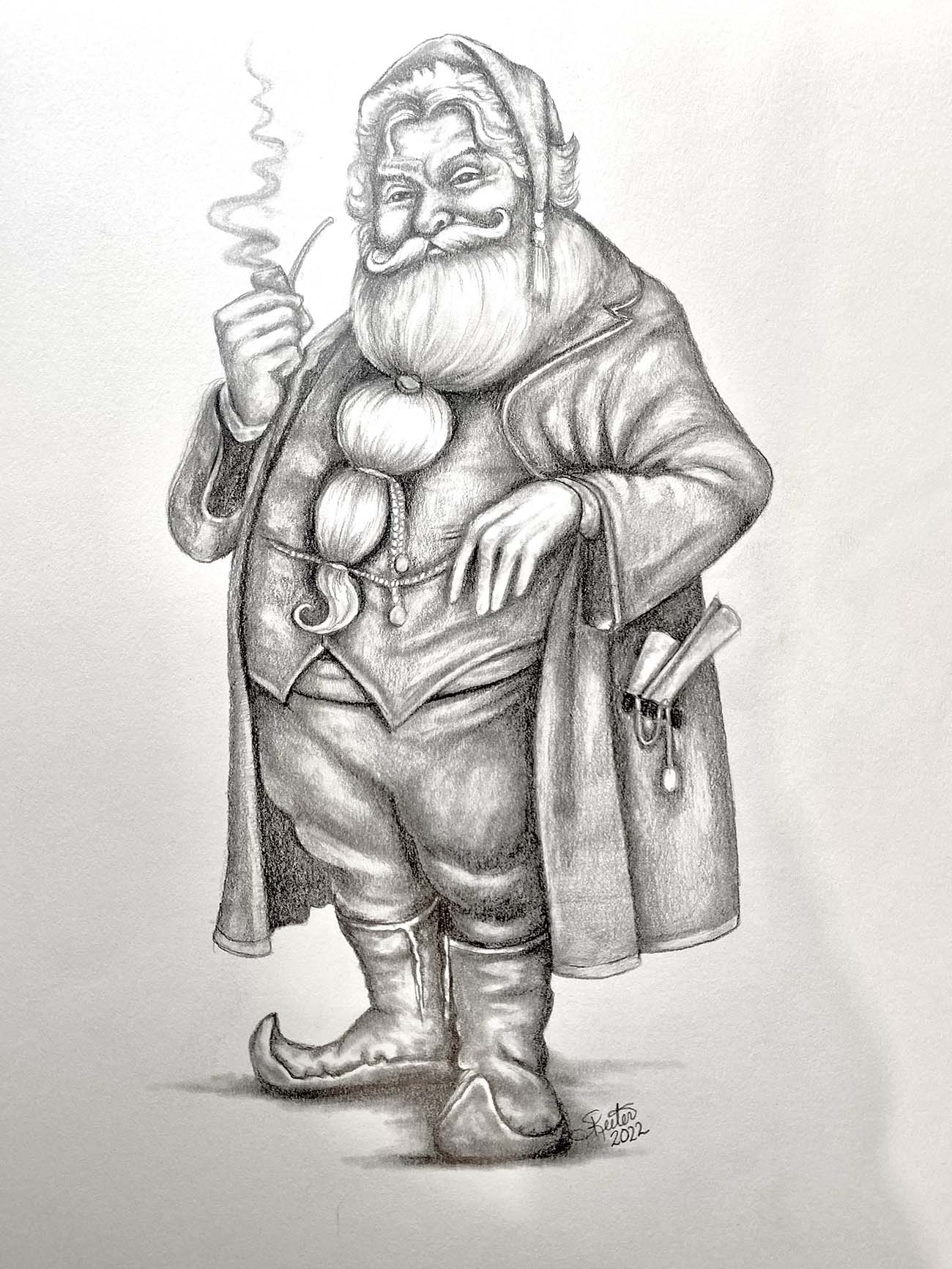 Hd line art santa on a gifting black and white background on Craiyon